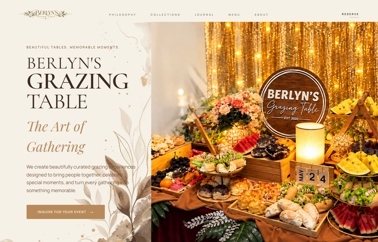 Berlyn's Grazing Table Live Website Hero Preview